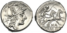 Pinarius Natta, Denarius, Rome, 155 BC AR (g 3,83 mm 18 h 9) Helmeted head of Roma r. behind, X, Rv. Victory in biga r., holding whip and reins below,...