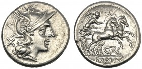 C. Juventius Thalna, Denarius, Rome, 154 BC AR (g 4,01 mm 19 h 6) Helmeted head of Roma r. behind, X, Rv. Victory in biga r. below, C TAL in ex., ROMA...