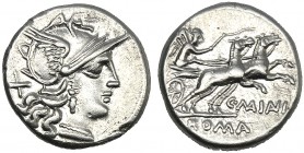 C. Maianus, Denarius, Rome, 153 BC AR (g 3,70 mm 18 h 9) Helmeted head of Roma r. behind, X, Rv. Victory in biga r., holding whip and reins below, C M...