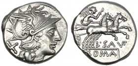 L. Saufeius, Denarius, Rome, 152 BC AR (g 3,82 mm 16 h 5) Helmeted head of Roma r. behind, X, Rv. Victory in biga r., holding reins and whip below, L ...