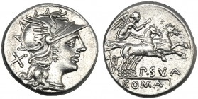 P. Cornelius Sulla, Denarius, Rome, 151 BC AR (g 3,58 mm 18 h 3) Helmeted head of Rome r. behind, X, Rv. Victory in biga r., holding reins and whip be...