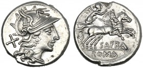 Spurius Afranius, Denarius, Rome, 150 BC AR (g 3,88 mm 18 h 5) Helmeted head of Roma r. behind, X, Rv. Victory in biga r., holding whip and reins belo...