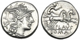 Decimius Flavus, Denarius, Rome, 150 BC AR (g 4,11 mm 18 h 11) Helmeted head of Roma r. behind, X, Rv. Luna in biga r., holding reins and whip below, ...