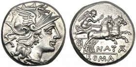 Pinarius Natta, Denarius, Rome, 149 BC AR (g 4,19 mm 18 h 7) Helmeted head of Roma r. behind, X, Rv. Victory in biga r., holding reins and whip below,...
