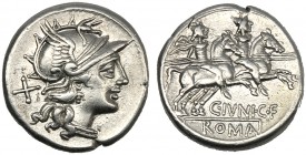 C. Junius C.f., Denarius, Rome, 149 BC AR (g 4,02 mm 18 h 6) Helmeted head of Roma r. behind, X, Rv. The Dioscuri galloping r. below, C IVNI C F in ex...