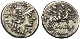 M. Atilius Serranus, Denarius, Rome, 148 BC AR (g 3,96 mm 19 h 3) Helmeted head of Roma r. behind, SARAN before, X, Rv. The Dioscuri galloping r. belo...