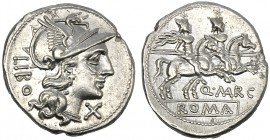 Q. Marcius Libo, Denarius, Rome, 148 BC AR (g 3,85 mm 20 h 7) Helmeted head of Roma r. behind, LIBO before, X, Rv. The Dioscuri galloping r. below, Q ...
