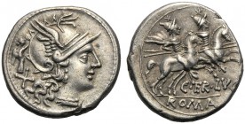 C. Terentius Lucanus, Denarius, Rome, 147 BC AR (g 4,20 mm 19 h 10) Helmeted head of Roma r. behind, Victory with wreath and X, Rv. The Dioscuri gallo...