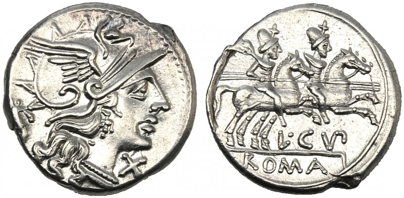 L. Cupiennius, Denarius, Rome, 147 BC AR (g 3,97 mm 19 h 6) Helmeted head of Rom...