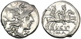 L. Cupiennius, Denarius, Rome, 147 BC AR (g 3,97 mm 19 h 6) Helmeted head of Roma r. behind, cornucopiae before, X, Rv. The Dioscuri galloping r. belo...