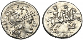 C. Antestius, Denarius, Rome, 146 BC AR (g 3,81 mm 19 h 6) Helmeted head of Roma r. before, X behind, C ANTESTI, Rv. The Dioscuri galloping r. below, ...
