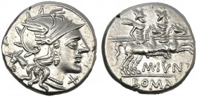 M. Junius Silanus, Denarius, Rome, 145 BC AR (g 3,91 mm 18 h 2) Helmeted head of Roma r. before, X behind, ass’s head, Rv. The Dioscuri galloping r. b...