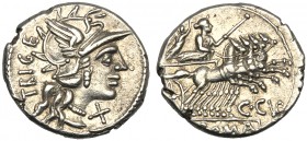 C. Curiatius Trigeminus, Denarius, Rome, 142 BC AR (g 3,86 mm 19 h 6) Helmeted head of Roma r. behind, TRIGE before, X, Rv. Juno, wearing diadem and c...