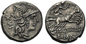 C. Titinius, Denarius, Rome, 141 BC AR (g 3,59 mm 16 h 9) Helmeted head of Roma r. behind, XVI, Rv. Victory in biga r., holding whip and reins below, ...