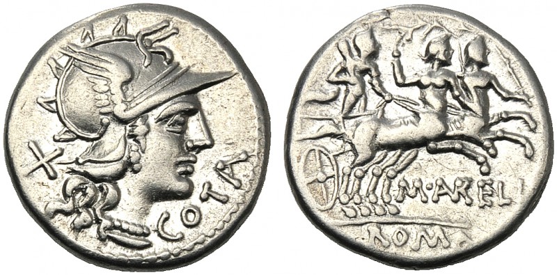 M. Aurelius Cotta, Denarius, Rome, 139 BC AR (g 3,97 mm 19 h 3) Helmeted head of...