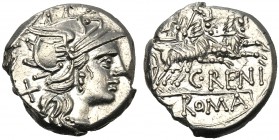 C. Renius, Denarius, Rome, 138 BC AR (g 3,87 mm 17 h 9) Helmeted head of Roma r. behind, X, Rv. Juno in biga of goats r. below, C RENI in ex. ROMA. Cr...