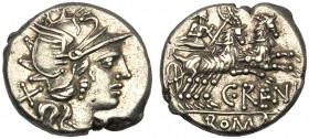 C. Renius, Denarius, Rome, 138 BC AR (g 3,80 mm 17 h 7) Helmeted head of Roma r. behind, X, Rv. Juno in biga of goats r. below, C RENI in ex. ROMA. Cr...