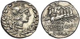 Cn. Gellius, Denarius, Rome, 138 BC AR (g 3,96 mm 19 h 12) Helmeted head of Roma r. behind, X laurel-wreath as border, Rv. Warrior (Mars ?) in quadrig...