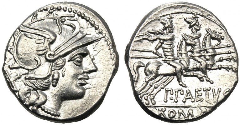 P. Aelius Paetus, Denarius, Roma, 138 BC AR (g 3,70 mm 19 h 12) Helmeted head of...