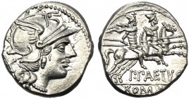 P. Aelius Paetus, Denarius, Roma, 138 BC AR (g 3,70 mm 19 h 12) Helmeted head of Roma r. behind, X, Rv. The Dioscuri galloping r. below, P PAETVS in e...