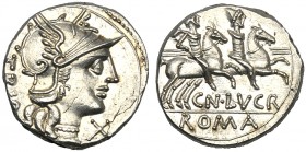 Cn. Lucretius Trio, Denarius, Rome, 136 BC AR (g 3,91 mm 18 h 3) Helmeted head of Roma r. behind, TRIO before, X, Rv. The Dioscuri galloping r. below,...