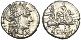 Cn. Lucretius Trio, Denarius, Rome, 136 BC AR (g 3,94 mm 18 h 10) Helmeted head of Roma r. behind, TRIO before, X, Rv. The Dioscuri galloping r. below...