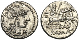 L. Antestius Gragulus, Denarius, Rome, 136 BC AR (g 3,84 mm 19 h 12) Helmeted head of Roma r. before, * behind, GRAG, Rv. Jupiter in quadriga r., hold...