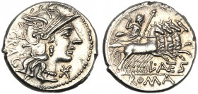 L. Antestius Gragulus, Denarius, Rome, 136 BC AR (g 4,00 mm 19 h 7) Helmeted head of Roma r. before, * behind, GRAG, Rv. Jupiter in quadriga r., holdi...