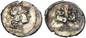 C. Servilius M.f., Denarius, Rome, 136 BC AR (g 3,88 mm 21 h 5) Helmeted head of Roma r. behind, wreath below, * ROMA, Rv. The Dioscuri riding apart i...
