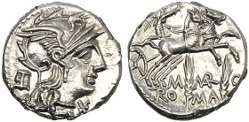 M. Marcius Mn.f., Denarius, Rome, 134 BC AR (g 3,94 mm 18 h 6) Helmeted head of Roma r. behind, modius before, *, Rv. Victory in biga r., holding rein...