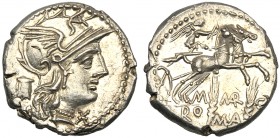 M. Marcius Mn.f., Denarius, Rome, 134 BC AR (g 3,97 mm 19 h 8) Helmeted head of Roma r. behind, modius before, *, Rv. Victory in biga r., holding rein...