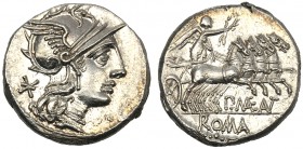 P. Maenius M.f. Antiaticus, Denarius, Rome, 132 BC AR (g 3,90 mm 19 h 8) Helmeted head of Roma r. behind, *, Rv. Victory in quadriga r., holding reins...