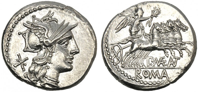 P. Maenius M.f. Antiaticus, Denarius, Rome, 132 BC AR (g 3,94 mm 19 h 6) Helmete...