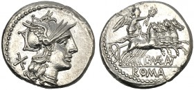 P. Maenius M.f. Antiaticus, Denarius, Rome, 132 BC AR (g 3,94 mm 19 h 6) Helmeted head of Roma r. behind, *, Rv. Victory in quadriga r., holding reins...