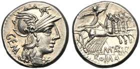 M. Aburius M.f. Geminus, Denarius, Rome, 132 BC AR (g 3,90 mm 18 h 4) Helmeted head of Roma r. behind, GEM before, *, Rv. Sol in quadriga r., holding ...