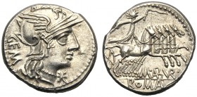 M. Aburius M.f. Geminus, Denarius, Rome, 132 BC AR (g 3,93 mm 19 h 1) Helmeted head of Roma r. behind, GEM before, *, Rv. Sol in quadriga r., holding ...