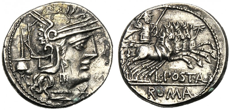L. Postumius Albinus, Denarius, Rome, 131 BC AR (g 2,85 mm 18 h 7) Helmeted head...