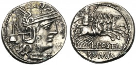 L. Postumius Albinus, Denarius, Rome, 131 BC AR (g 2,85 mm 18 h 7) Helmeted head of Roma r. behind, apex before, *, Rv. Mars in quadriga r., holding r...
