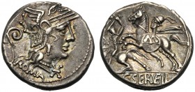C. Servilius Vatia, Denarius, Rome, 127 BC AR (g 3,87 mm 18 h 10) Helmeted head of Roma r. behind, lituus before, * below, ROMA, Rv. Battle on horseba...