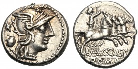 C. Cassius, Denarius, Rome, 126 BC AR (g 3,90 mm 18 h 9) Helmeted head of Roma r. behind, voting-urn and *, Rv. Libertas on quadriga r., holding reins...