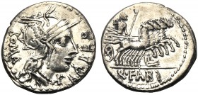 Q. Fabius Labeo, Denarius, Rome, 124 BC AR (g 3,93 mm 19 h 2) Helmeted head of Roma r. behind, ROMA before, X LABEO, Rv. Jupiter in quadriga r., holdi...
