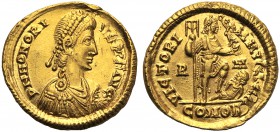 Honorius (393-423), Solidus, Rome, AD 404-408 AV (g 4,39 mm 20 h 6) D N HONORI - VS P F AVG, diademed, draped and cuirassed bust r., Rv. VICTORI - A A...
