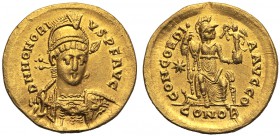 Honorius (393-423), Solidus, Constantinopolis, AD 408-423 AV (g 4,30 mm 20 h 6) D N HONORI - VS P F AVG, helmeted, diademed and cuirassed three-quarte...