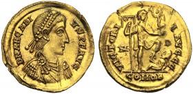 Arcadius (383-408), Solidus, Mediolanum, AD 395-402 AV (g 4,49 mm 21 h 5) D N ARCADI - VS P F AVG, diademed, draped and cuirassed bust r., Rv. VICTORI...