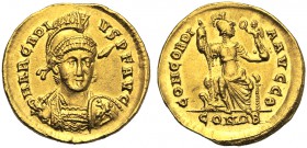 Arcadius (383-408), Solidus, Constantinopolis, AD 397-402 AV (g 4,50 mm 20 h 5) D N ARCADI - VS P F AVG, helmeted bust facing, diademed and cuirassed,...