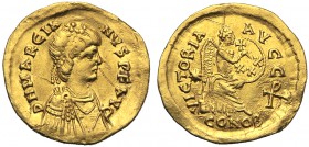 Marcian (450-457), Semis, Uncertain Mint, AD 450 (?) AV (g 2,18 mm 19 h 6) D N MARCIA - NVS P F AVG, diademed, draped and cuirassed bust r., Rv. VICTO...