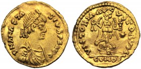 Anastasius I (491-518), Tremissis, Constantinople, c. AD 492-518 AV (g 1,41 mm 13 h 6) DN ANASTA - SIVS PP AVG, diademed, draped and cuirassed bust r....