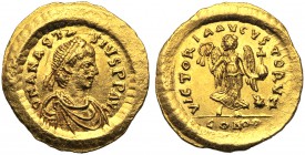 Anastasius I (491-518), Tremissis, Constantinople, c. AD 492-518 AV (g 1,50 mm 13 h 6) DN ANASTA - SIVS PP AVG, diademed, draped and cuirassed bust r....