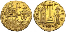 Constans II with Constantinus IV, Heraclius and Tiberius (641-668), Solidus, Constantinople, AD 662-667 AV (g 4,4 mm 20 h 7) Fragmentary legend. dN CO...