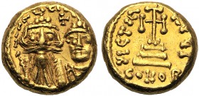 Constans II with Constantinus IV (641-668), Solidus, Carthage, AD 654-655 AV (g 4,38 mm 12 h 6) (Fragmentary legend), crowned busts of Constans, with ...